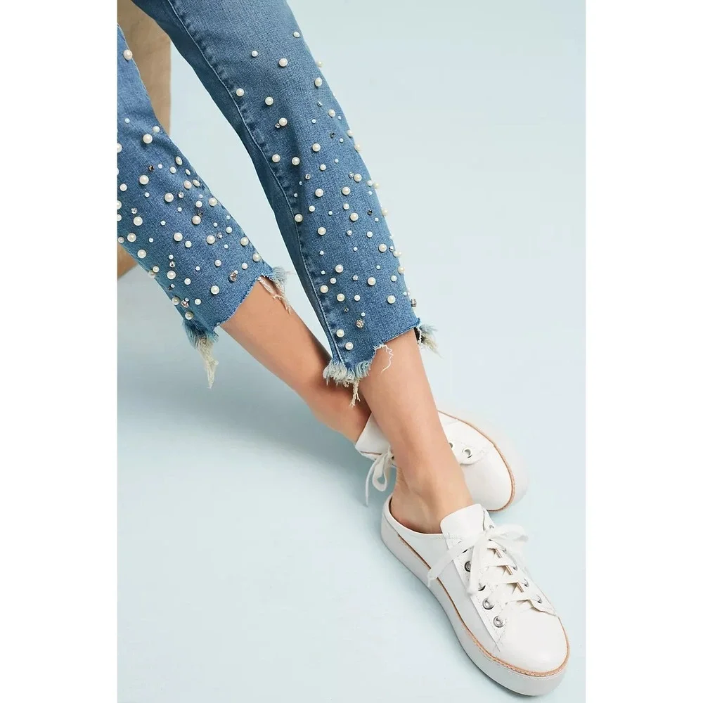 Pilcro Hyphen Pearl Mid-Rise Relaxed Boyfriend Jeans 25 Petite Embellished Crop - Picture 8 of 16